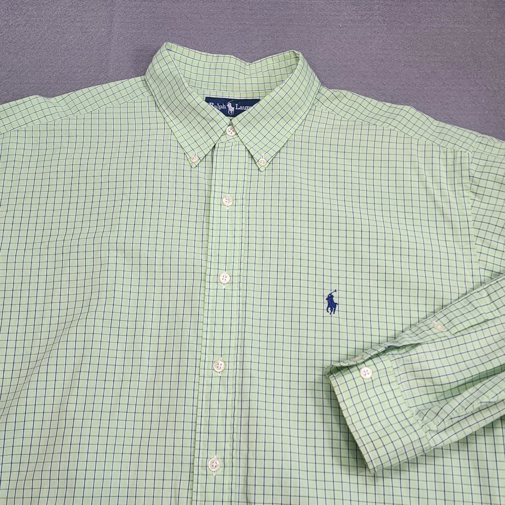 Ralph Lauren Yarmouth Button Down Shirt Green Navy Grid Plaid Mens 17.5 34/35